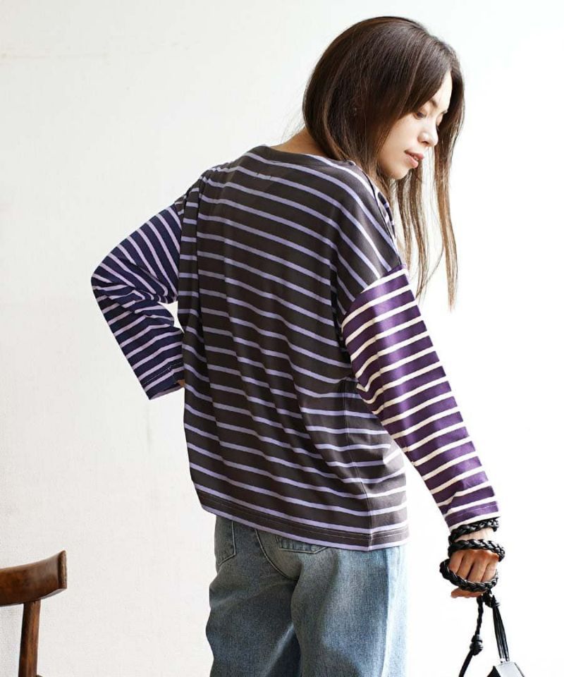 日本 zootie - 撞色條紋拼接薄長袖上衣-薰衣草