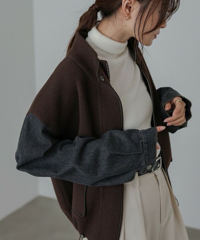 日本 Bab - 俐落簡潔丹寧袖拼接夾克/外套-棕系