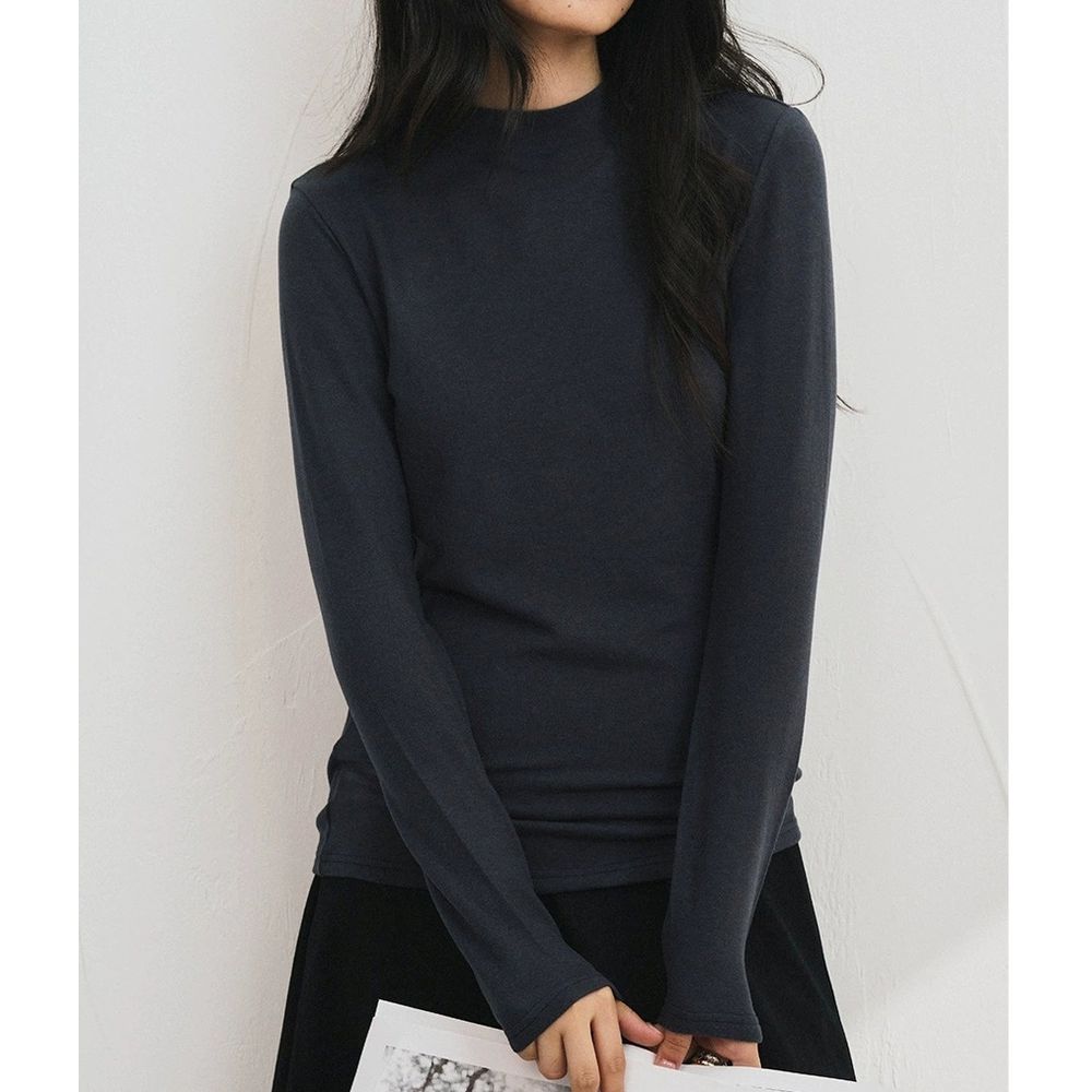 輕絨暖感4.4%羊毛天絲親膚小立領長袖上衣-青黛