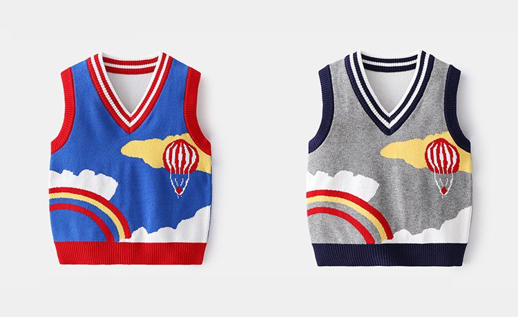 WELLKIDS - V領針織開衫背心-熱氣球-紅+藍