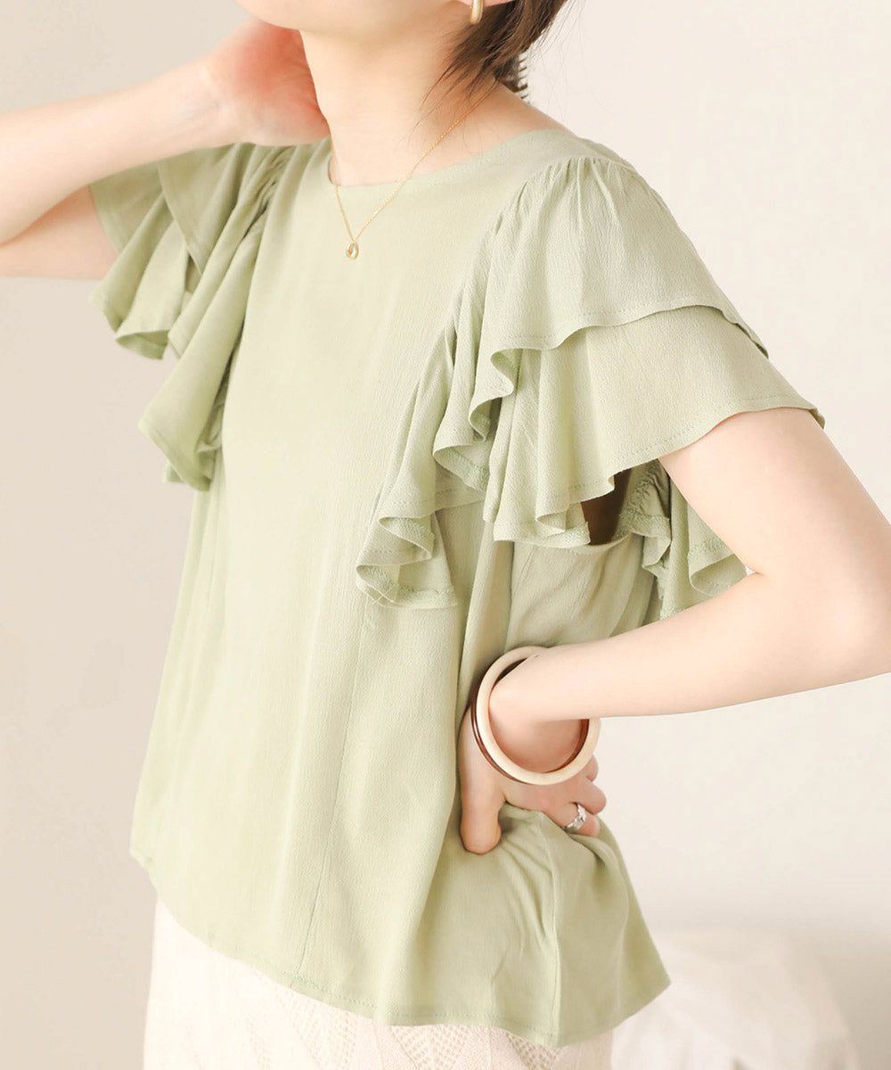 日本 Bab - 後綁帶浪漫荷葉袖上衣-淺綠
