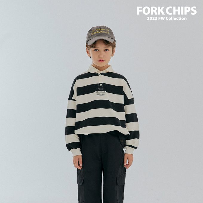 韓國 FORK CHIPS - 極簡翻領寬條紋寬鬆長袖上衣-象牙白X黑