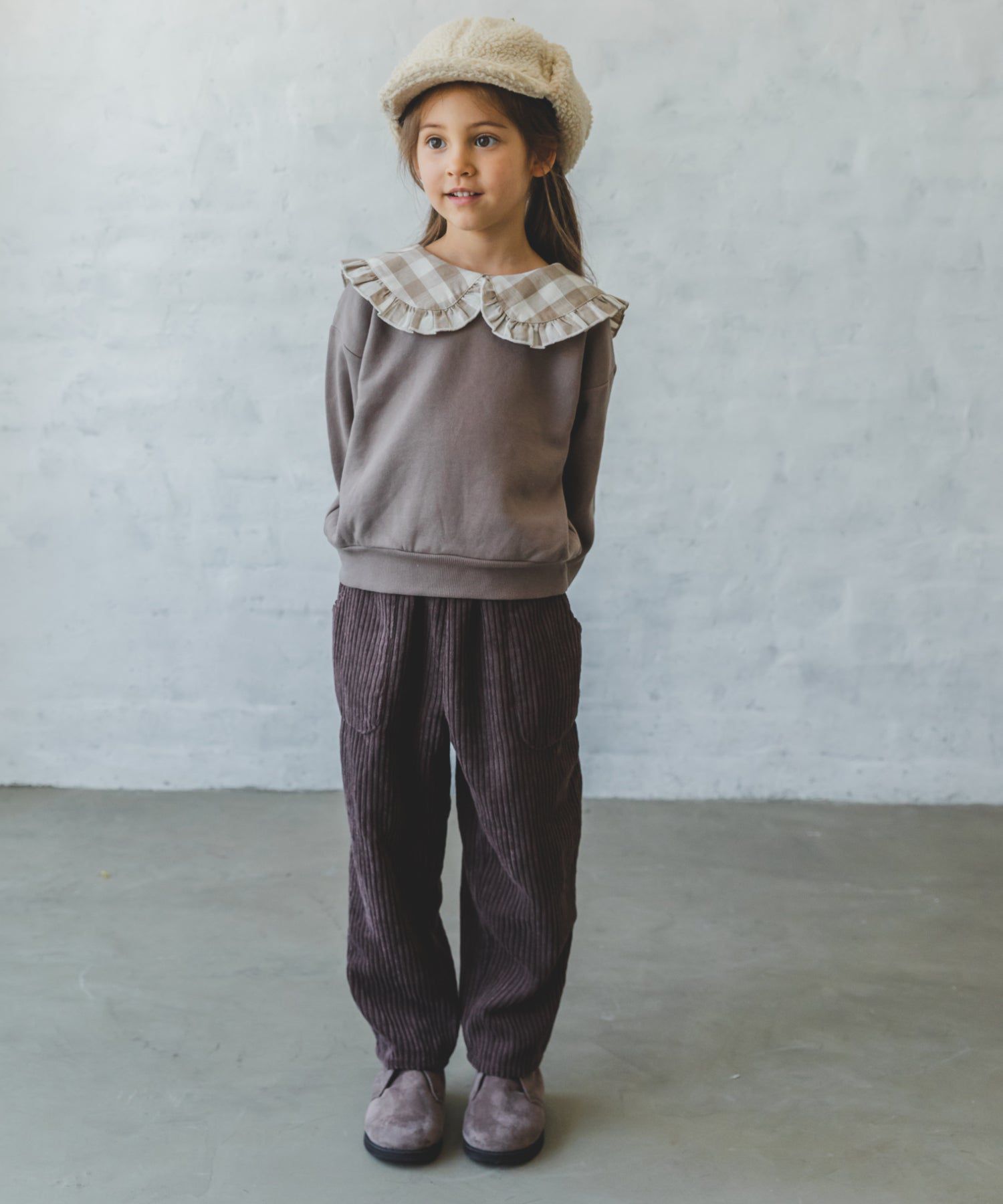 日本 PAIRMANON - 歐風翻領刷毛長袖上衣-碎花領-煙燻粉