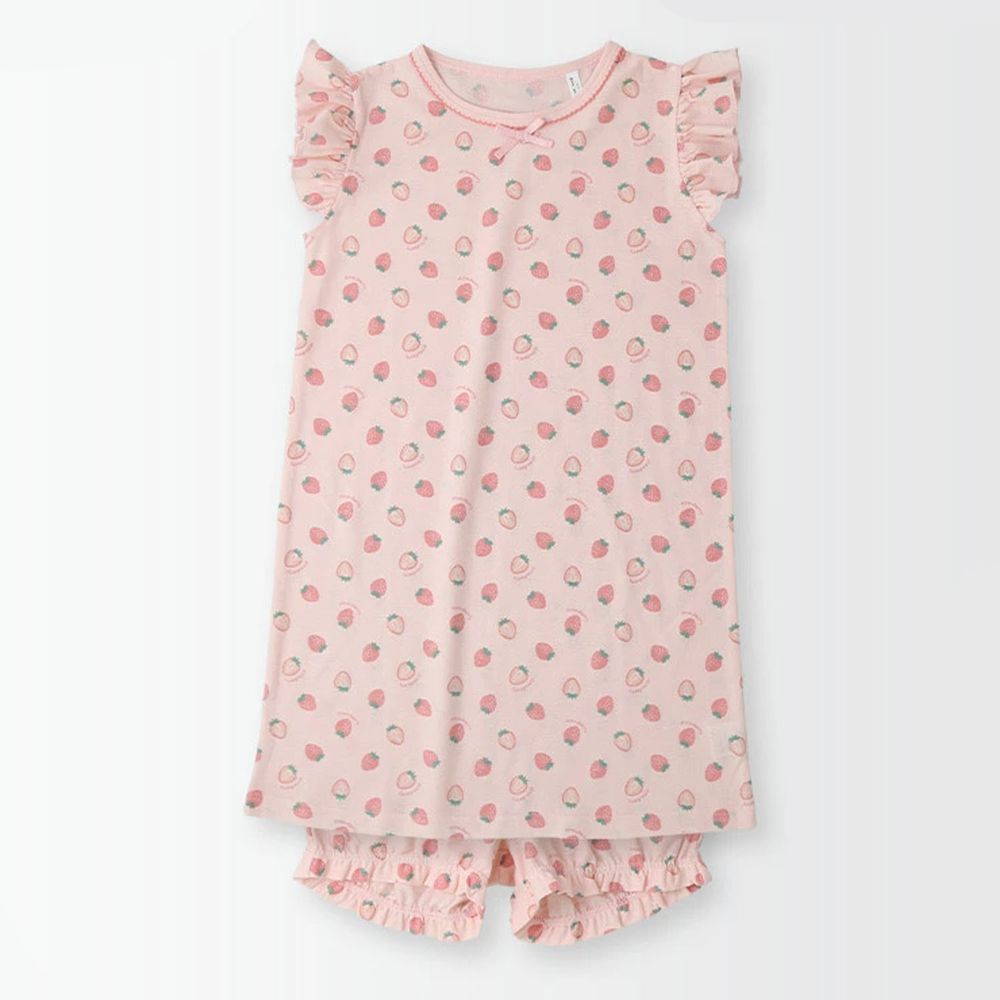 日本 ZOOLAND - 涼感 100%棉家居服(無袖+短褲)-滿版草莓-粉紅