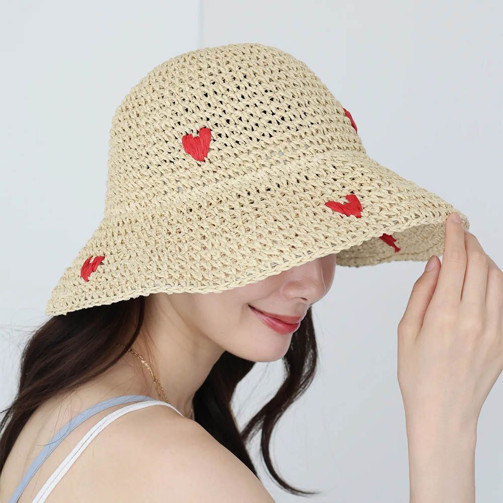 可愛刺繡編織遮陽漁夫帽-淺卡其