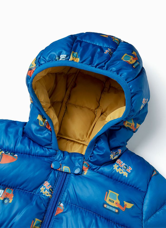 韓國 OZKIZ - 彩印車車連帽輕量保暖外套-藍