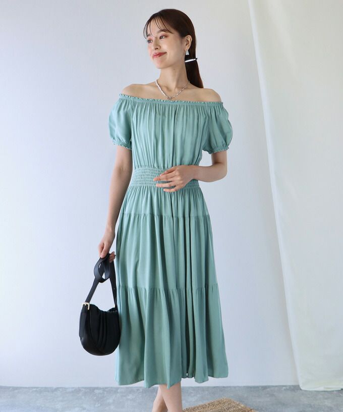 日本 BLUE EAST - 絕美平口縮腰泡泡袖洋裝-碎花-藍