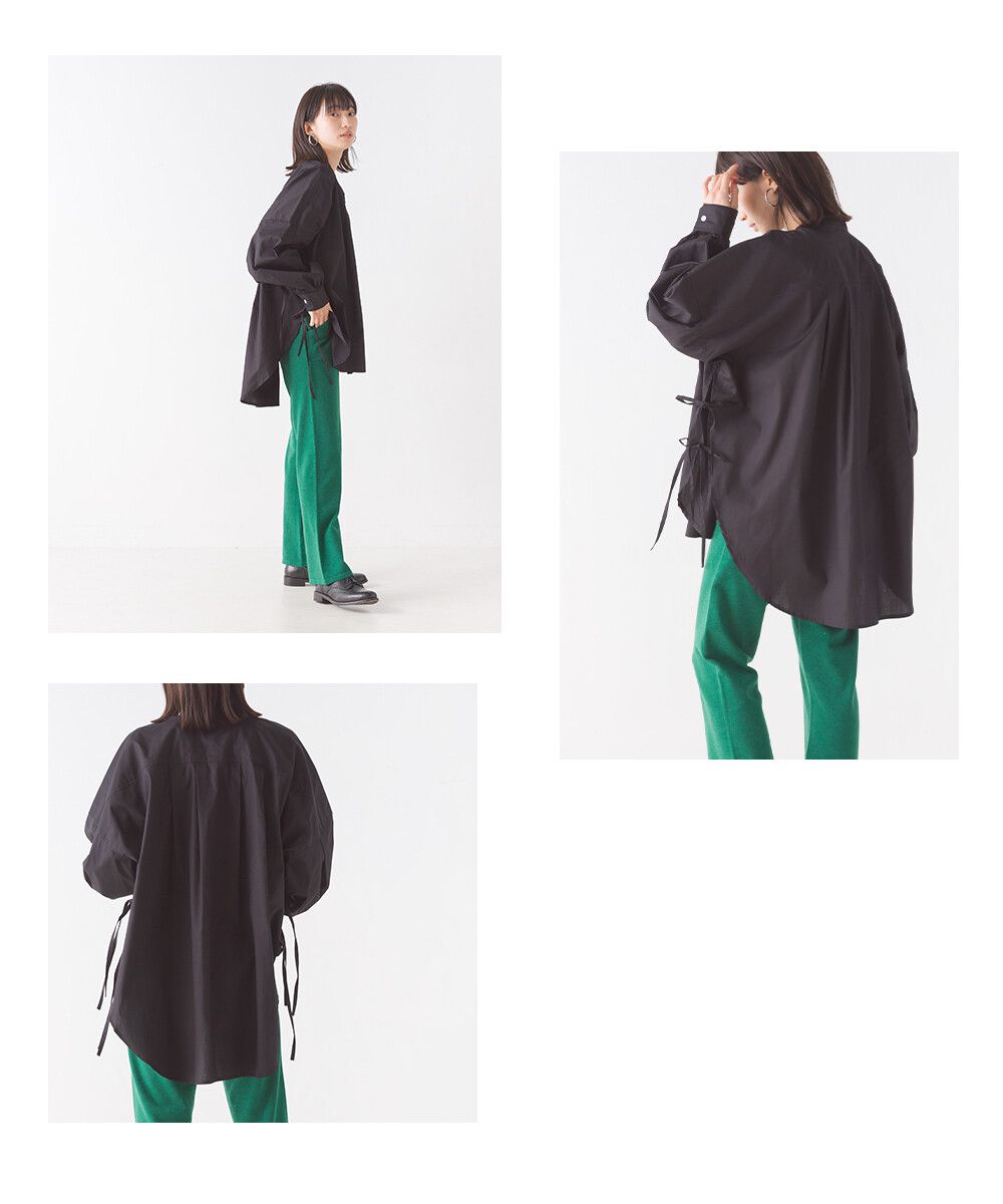 日本 OMNES - 優雅側綁帶立領氣球袖襯衫-時尚黑