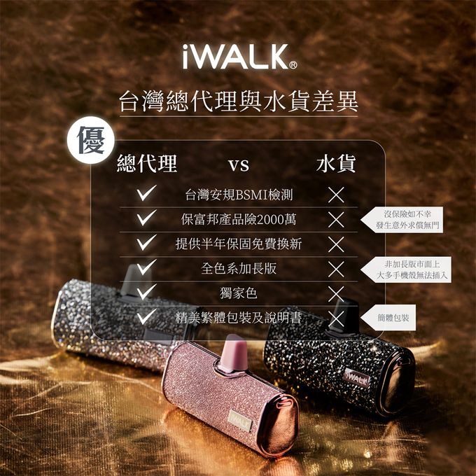 IWALK - 星鑽款 四代加長版 4500mAh口袋行動電源-黑鑽 (Lightning / Type-C 充電頭)-台灣公司貨