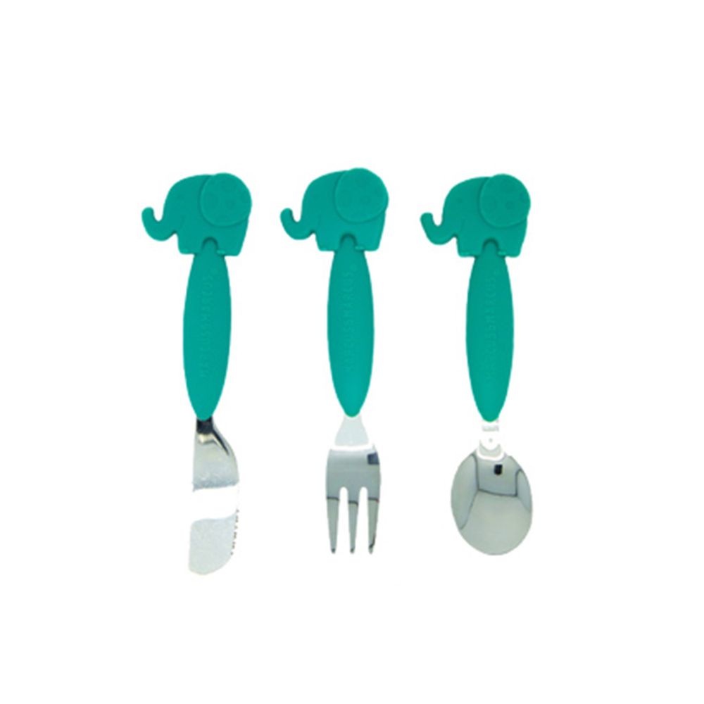 MARCUS＆MARCUS - 動物樂園不銹鋼刀叉匙三件組-綠大象