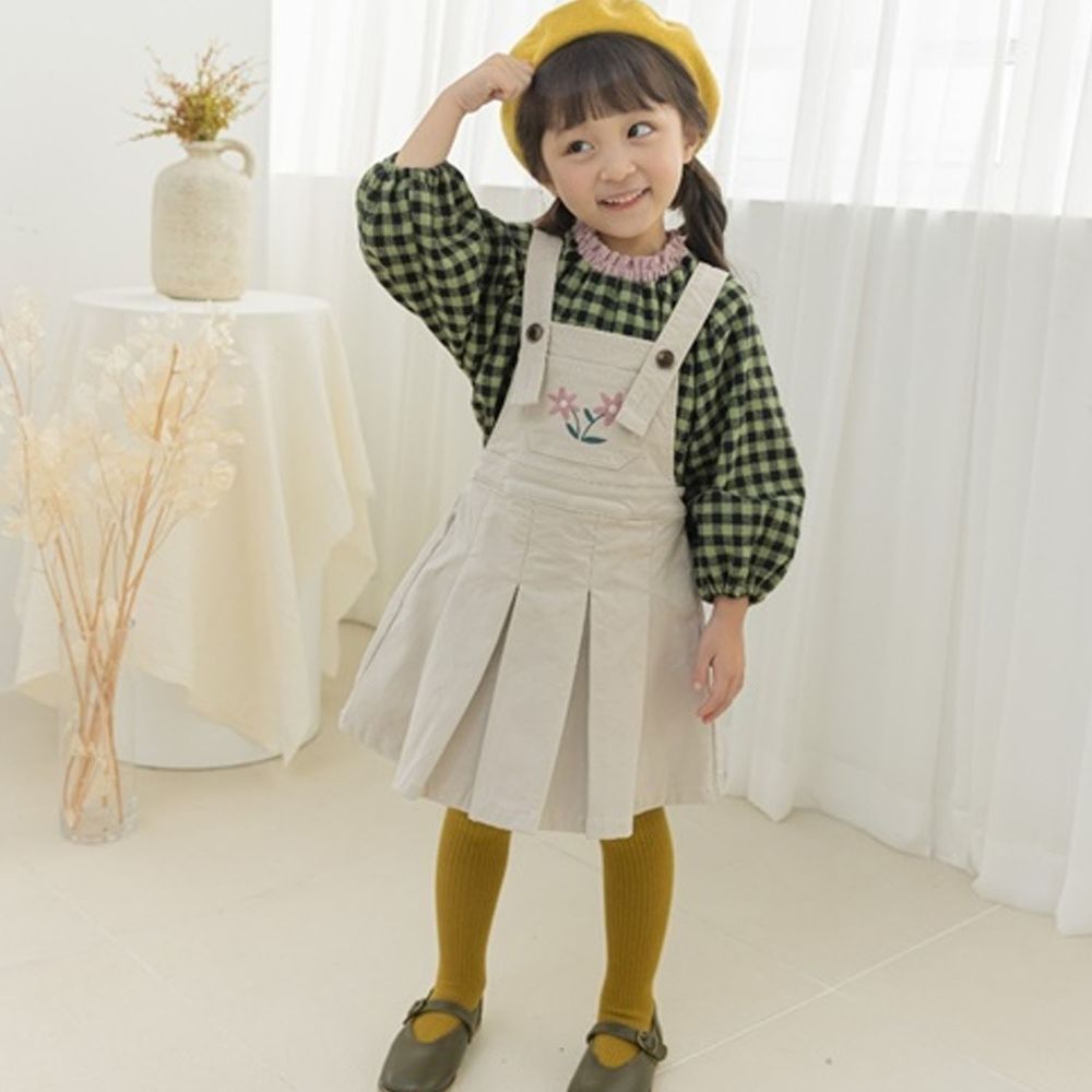 韓國 Orange Mom - 刺繡花朵背心裙套裝-杏裙X綠上衣
