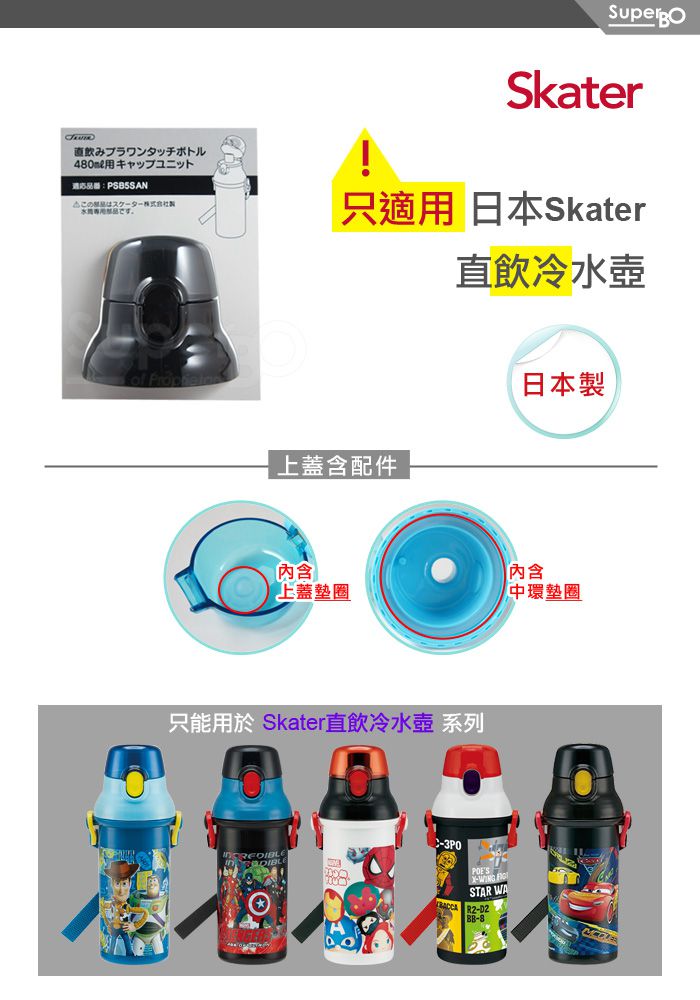 日本 SKATER - 兒童直飲冷水壺 (480ml)-替換上蓋含墊圈-黑