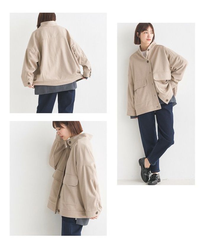 日本 OMNES - 人字紋休閒口袋俐落短版大衣外套-淺咖啡