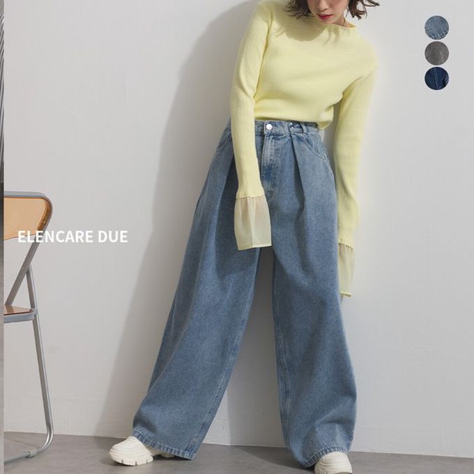 日本 ELENCARE DUE - 10oz 立體摺線後腰鬆緊牛仔褲-刷色黑