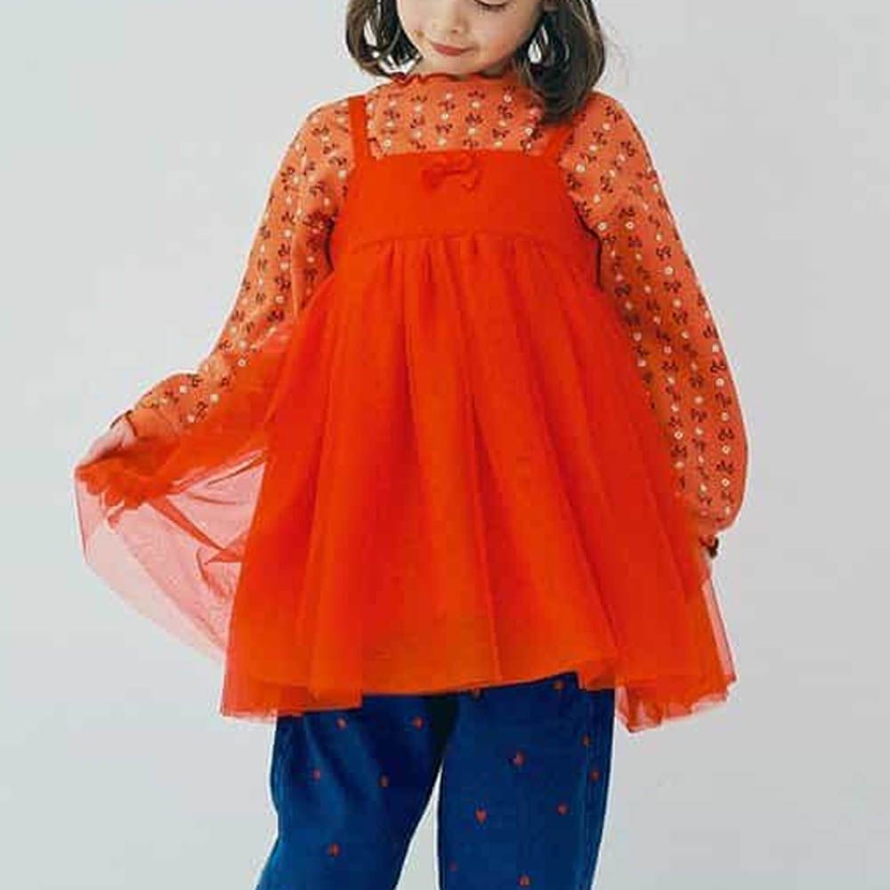 華夫格木耳邊設計感印花長袖上衣-蝴蝶結-橘紅