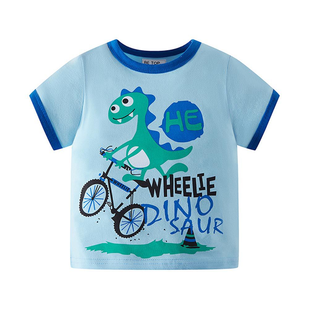 BE TOP - 純棉短袖上衣-恐龍騎腳踏車-藍色