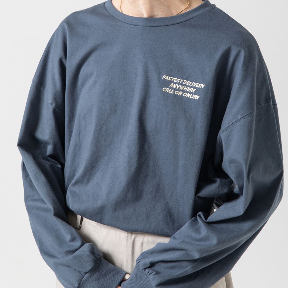 俏皮美式漢堡泡棉印花長袖T恤-煙燻藍