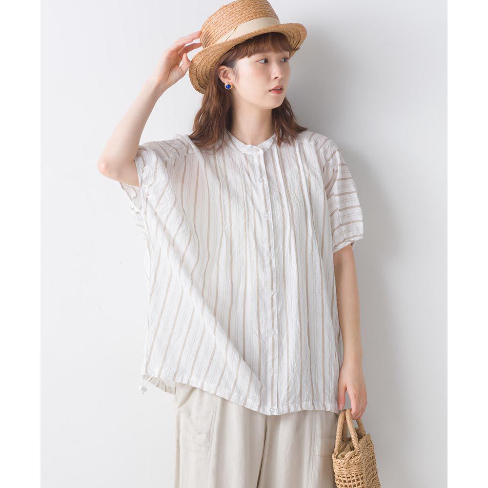 日本女裝代購 - 自然感抓皺落肩短袖襯衫-細條紋-咖啡