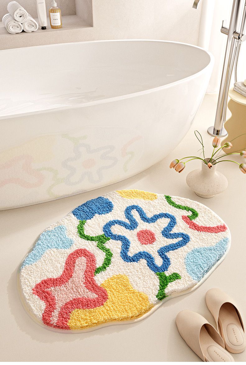 造型快速吸水植絨浴室腳踏墊-繽紛花花-奶白色 (45x70cm)