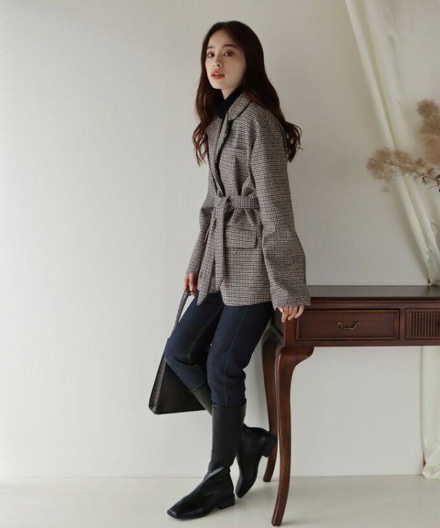 日本 BLUE EAST - 千鳥格帥氣西裝短版風衣外套(附綁帶)-深灰