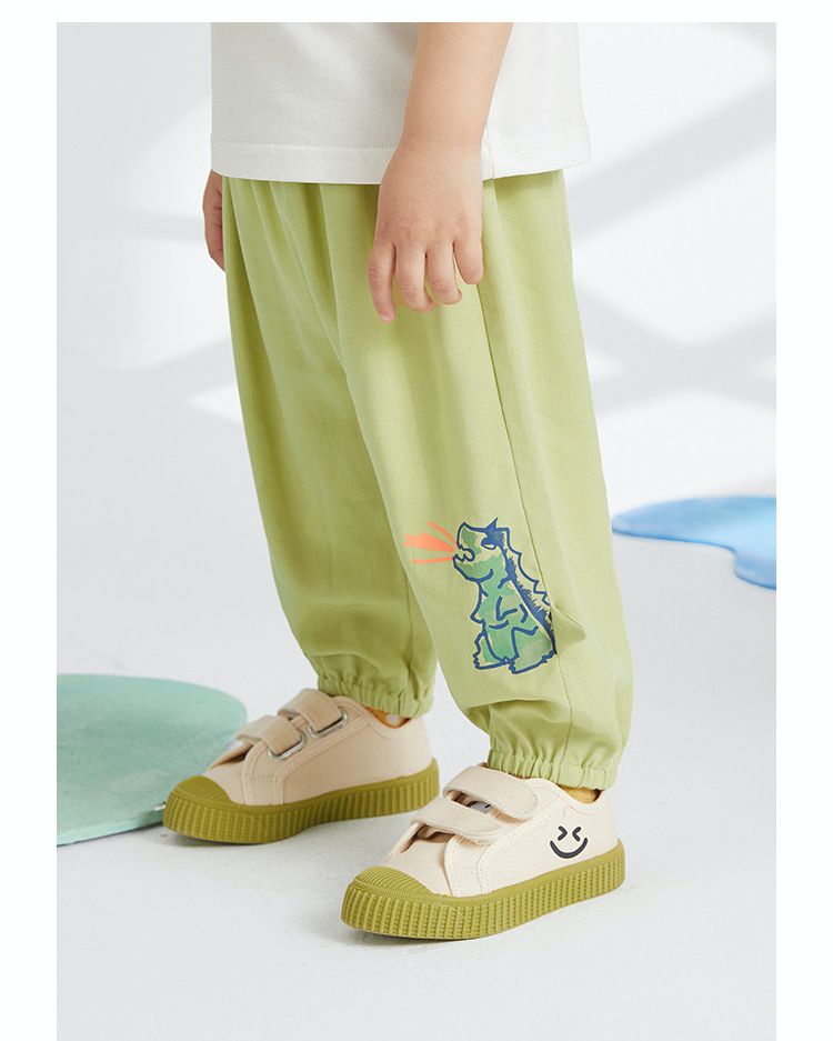 天絲棉腰鬆緊休閒防蚊褲/長褲-怒吼小恐龍-綠色