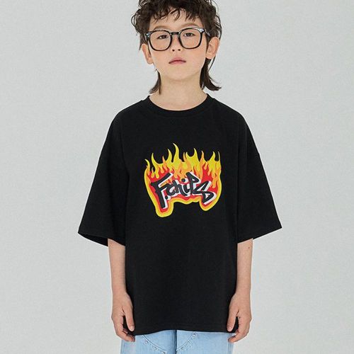 韓國 FORK CHIPS - 火紋品牌字印短袖上衣-黑