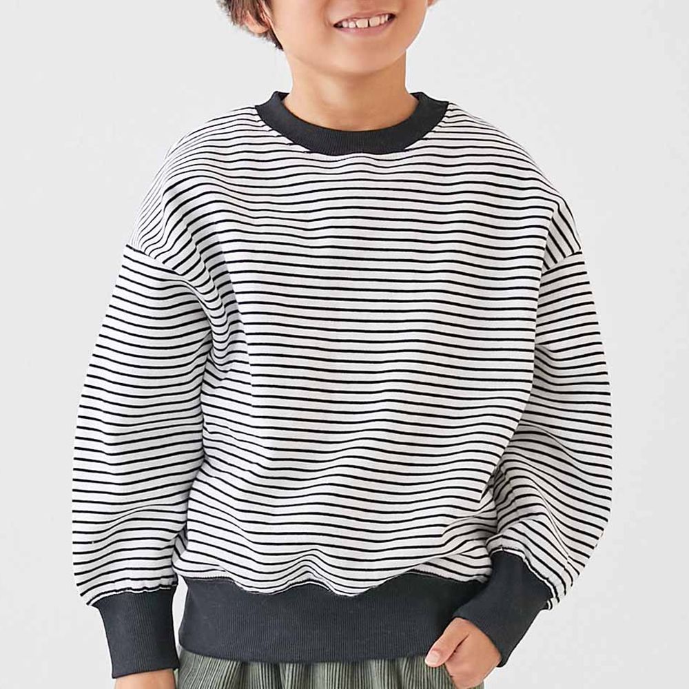 裏起毛 百搭條紋大學長袖上衣-白