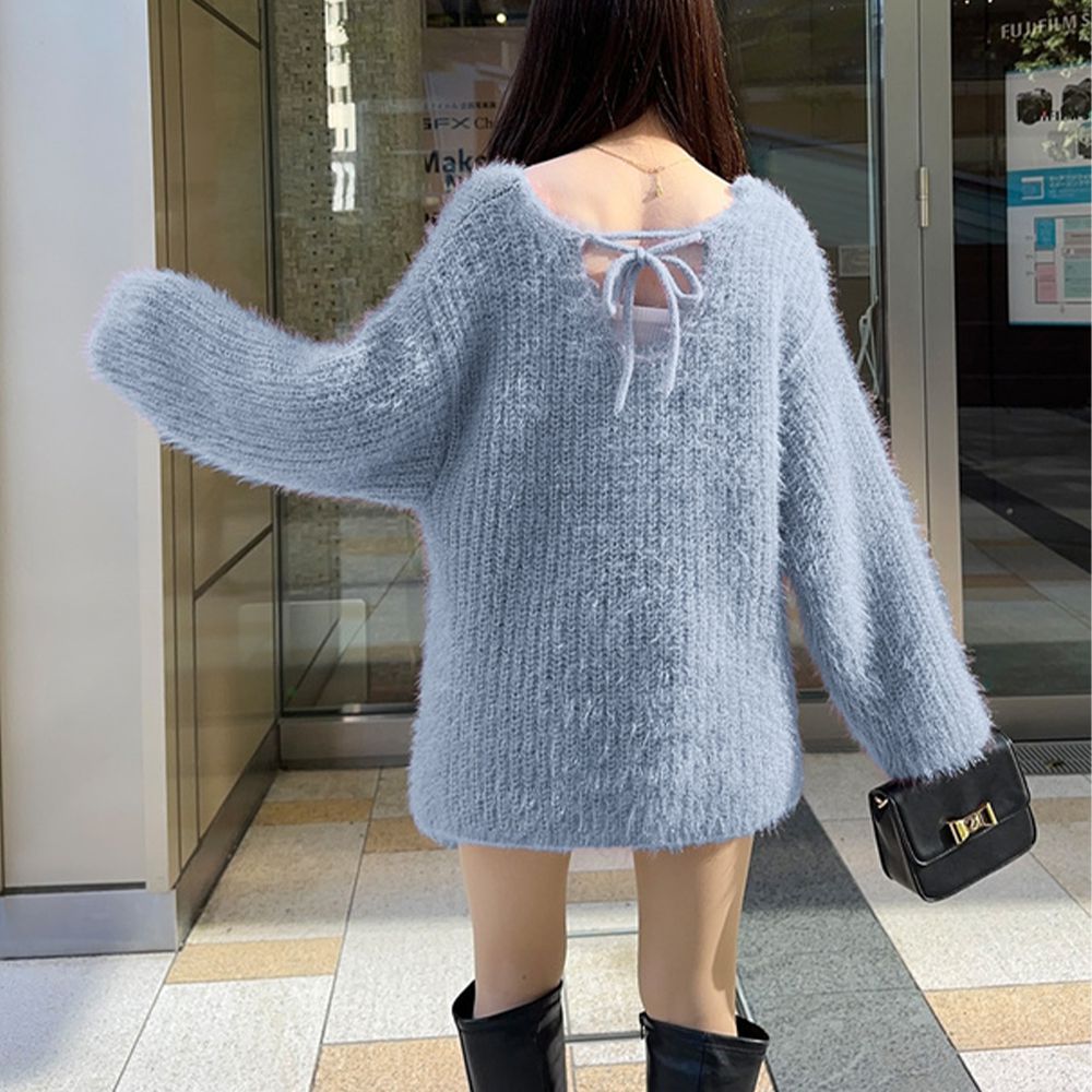微亮毛絨深V露背針織長袖上衣-水藍 (F)