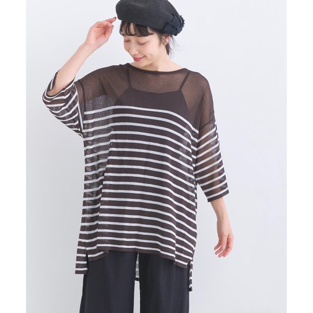 日本 Lupilien - 透明感薄針織七分袖上衣-條紋-炭灰