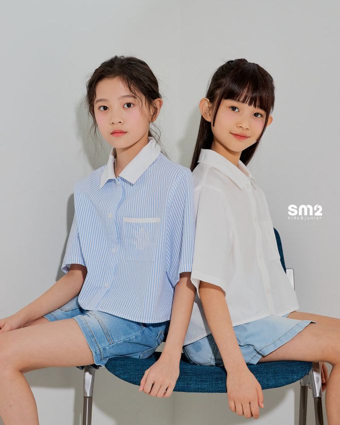 韓國 sm2 - 單口袋短版翻領襯衫-直紋-藍