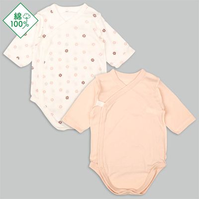 akachan honpo - 輕鬆方便長袖包屁衣2件組-前開式 小花-橘色