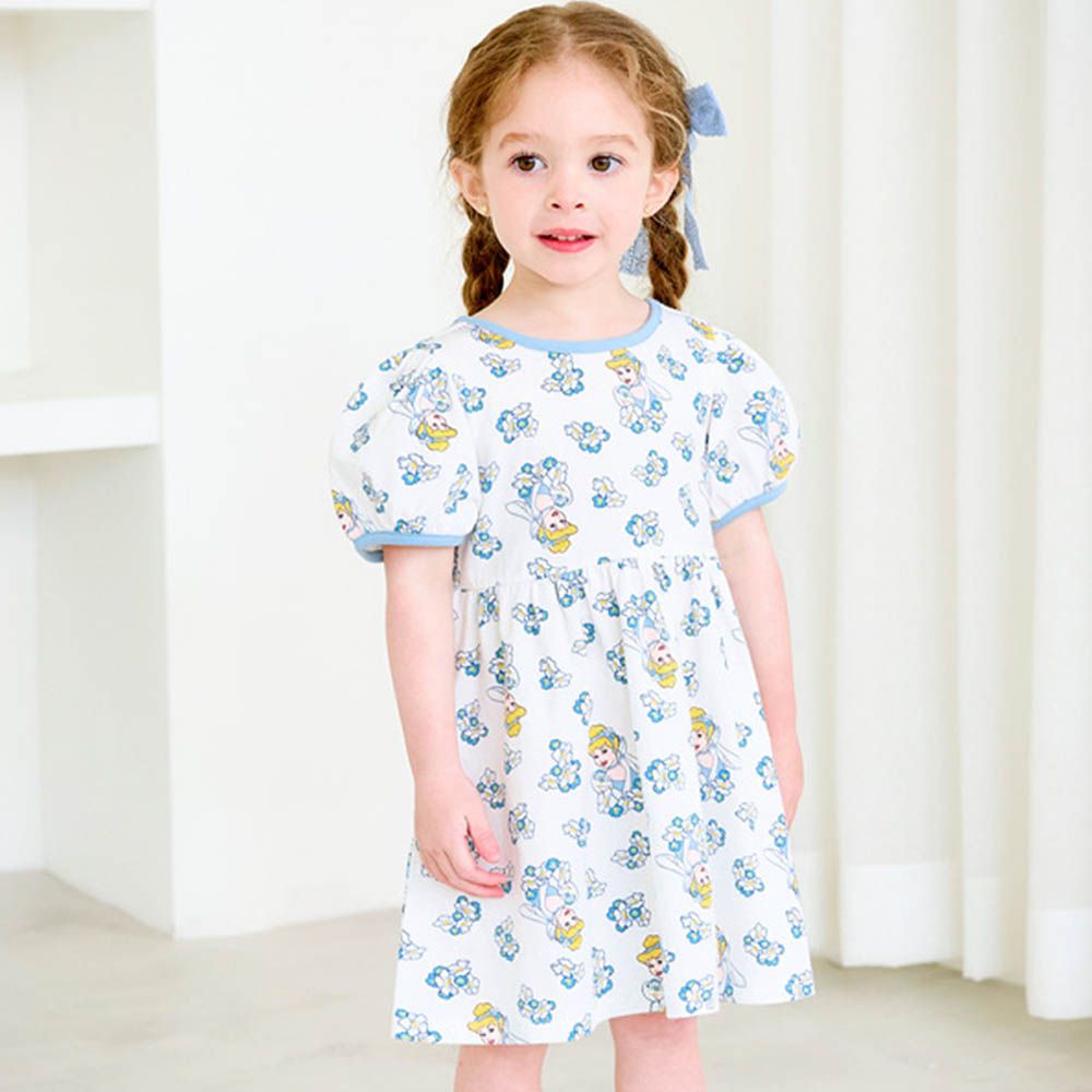 (聯名款)花束公主挖背泡泡短袖洋裝-卡通人物仙杜瑞拉-白