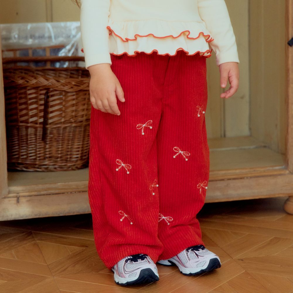 First Blue 鬆緊腰刺繡蝴蝶結點綴燈芯絨長褲-紅