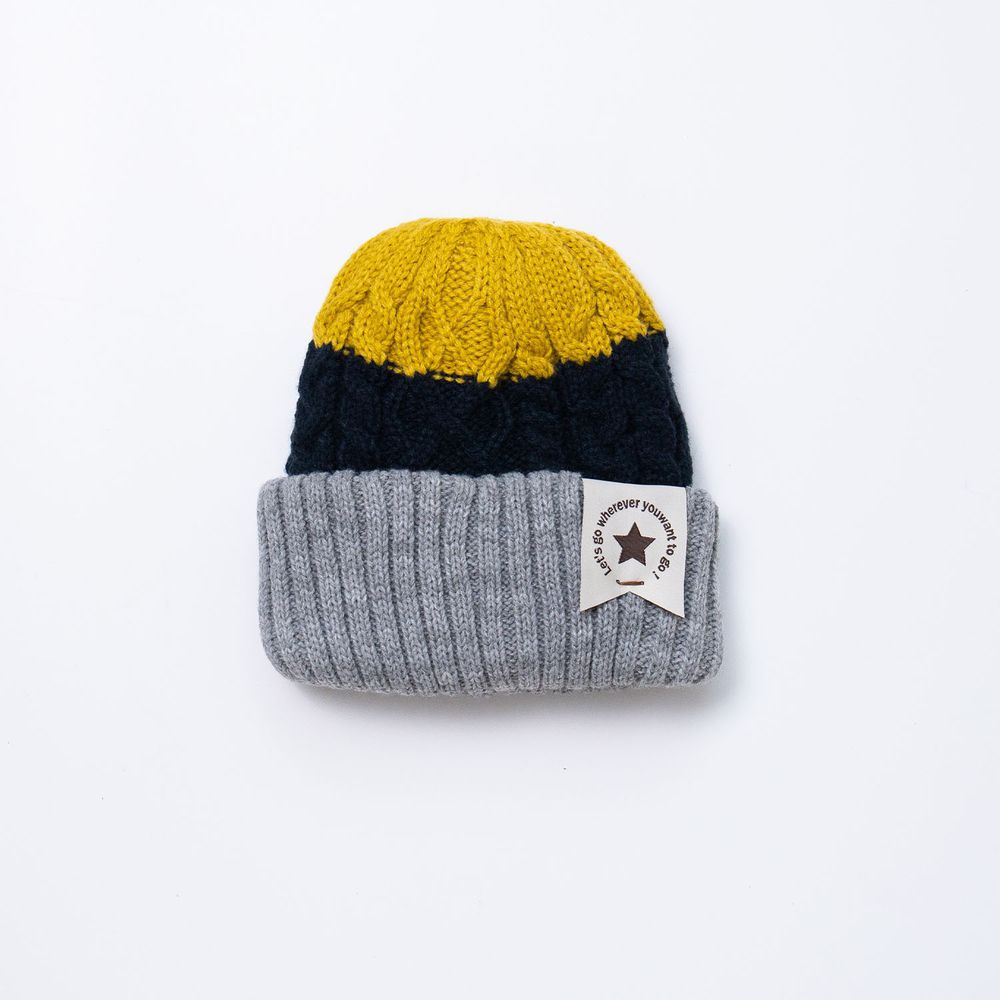 日本 AUBE - 兒童針織毛帽-撞色-黃藍灰