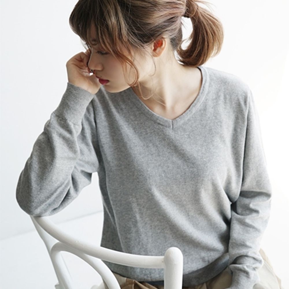 日本 zootie - 100%棉 輕盈柔軟薄針織上衣-V領-淺灰