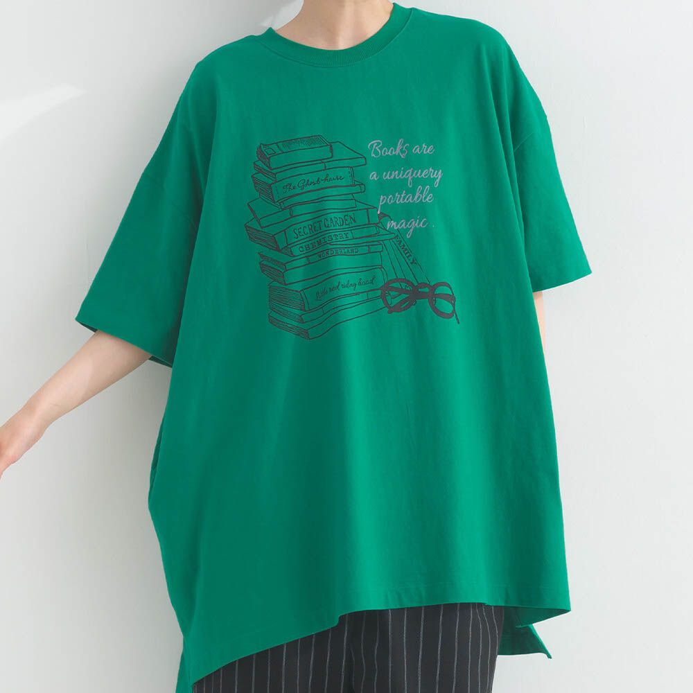 16OE天竺棉 氣質書籍印花寬鬆短袖上衣-草綠