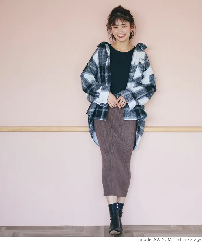 日本 COCA - 顯瘦百搭羅紋彈性長裙-灰棕