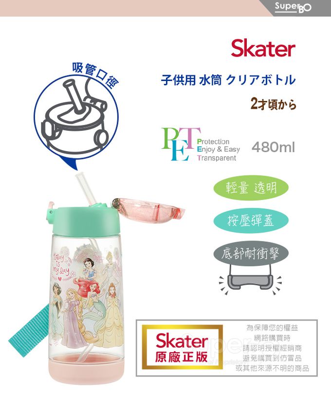 日本 SKATER - 透明吸管水壺(480ml) PET-迪士尼公主My Day-480ml