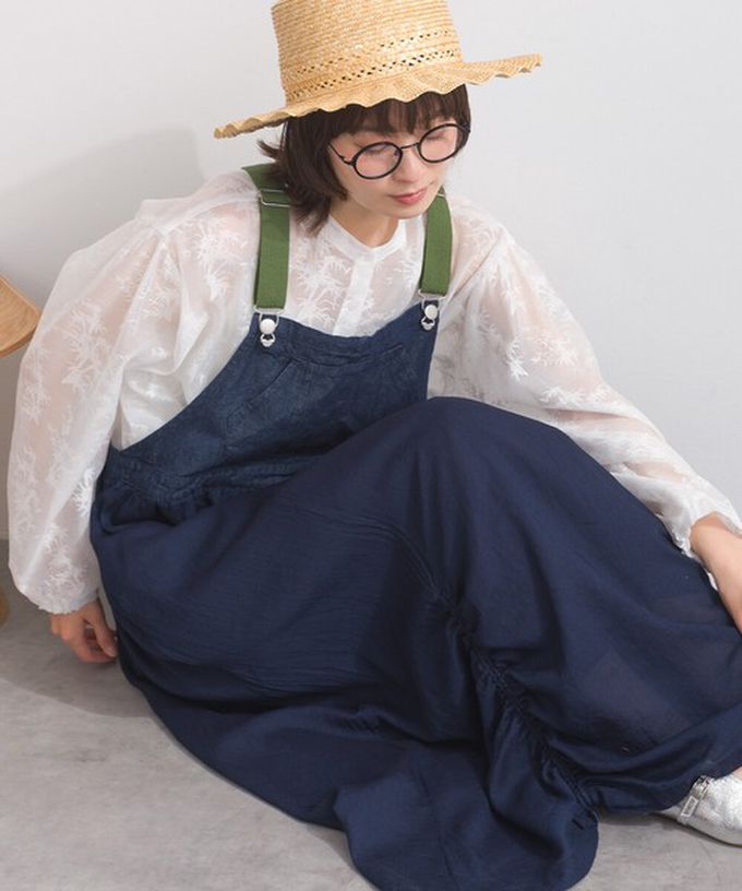 日本 Lupilien - 拼接風抽繩飄逸薄牛仔吊帶洋裝-藍灰系