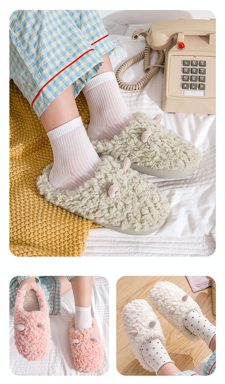 毛茸茸可愛造型防滑室內拖鞋-小綿羊耳朵-白色