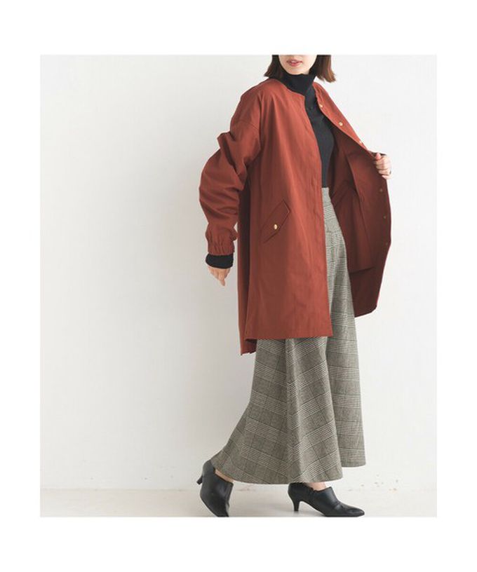 日本 OMNES - 撥水加工 休閒無領中長版風衣外套-磚橘紅
