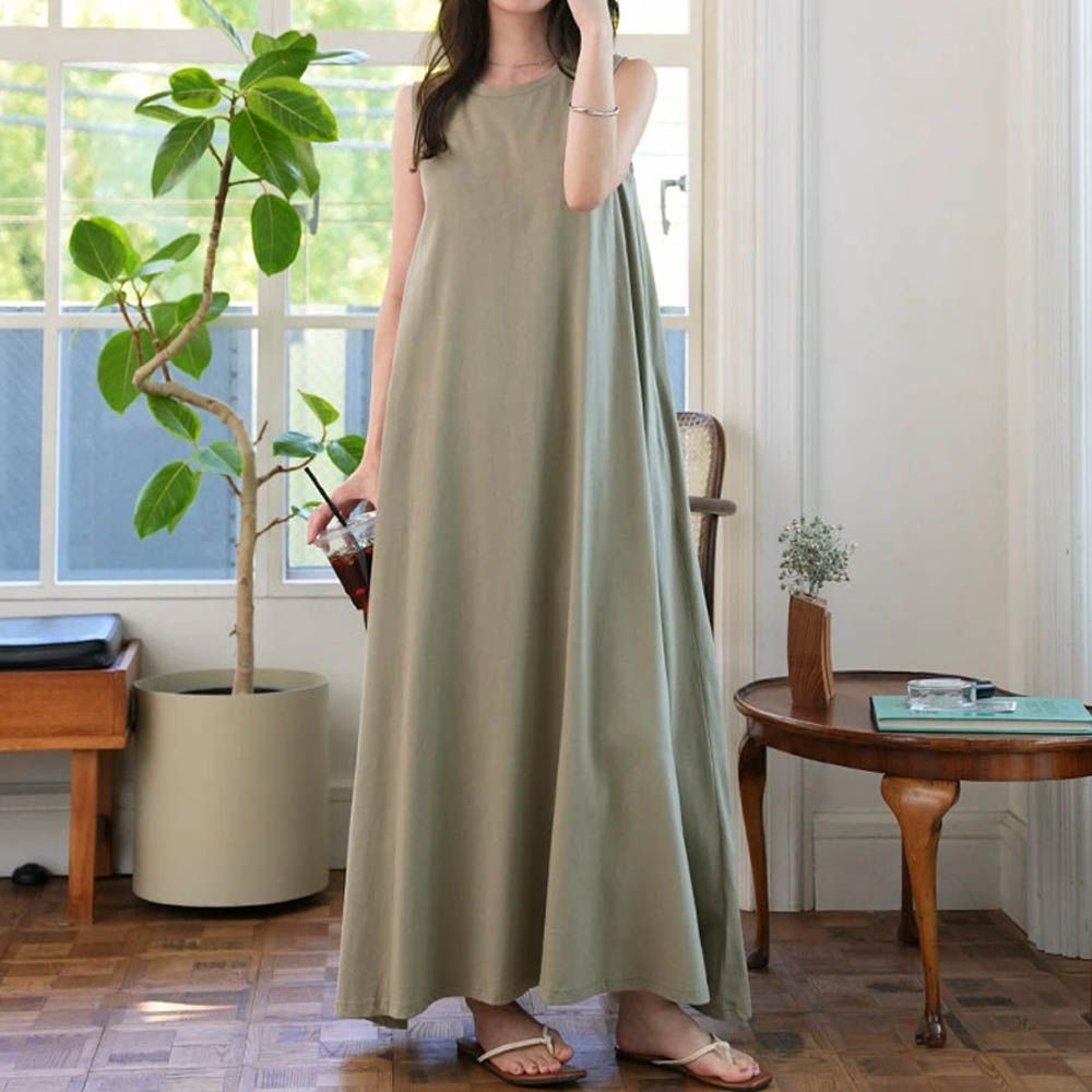 抗透汗 優雅A字無袖洋裝(附bra)-墨綠