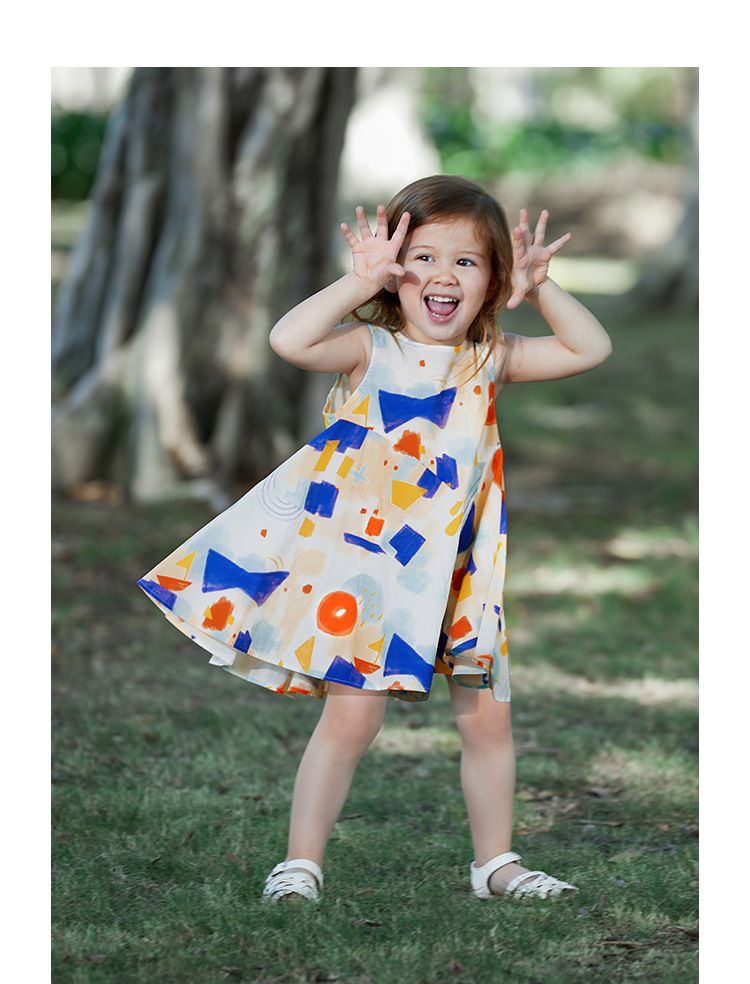 純棉油畫風無袖連身洋裝-拼色幾何-杏色