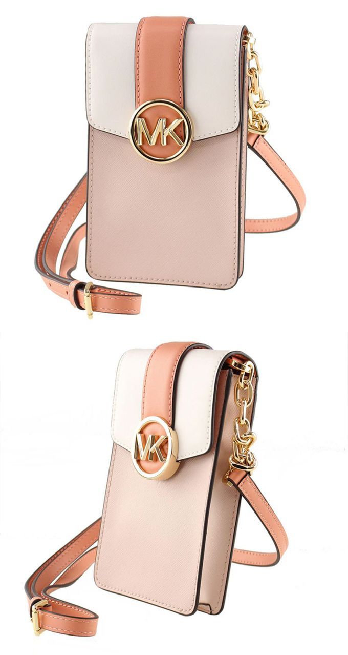 MICHAEL KORS - 拼接皮革手機斜背包-粉配桔條