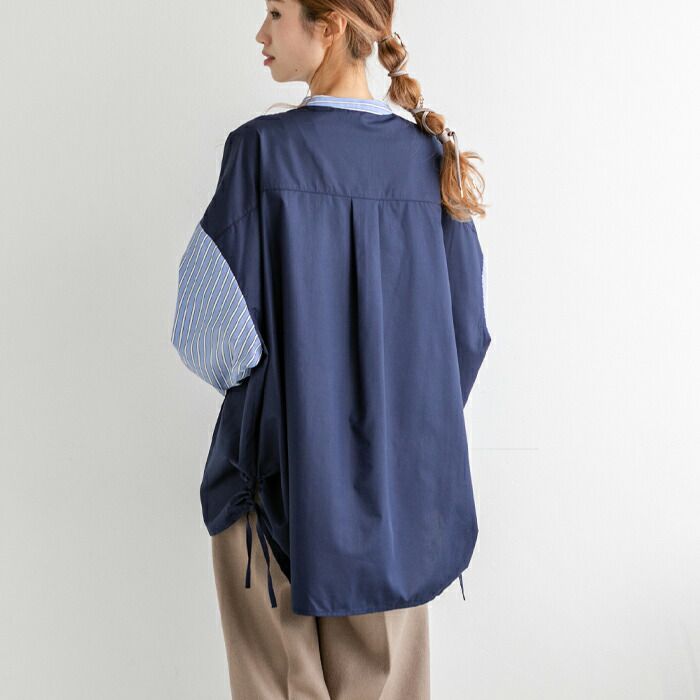 日本 ihuu - 側抽繩條紋撞色長袖襯衫-奶茶