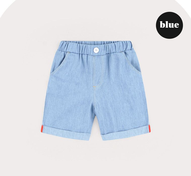 韓國 HEJMINI - 柯基徽章鬆緊腰反折短褲-牛仔藍