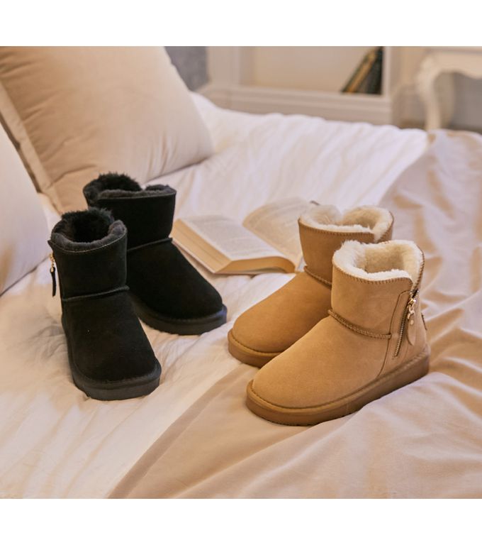 韓國 PINKELEPHANT - 側拉鍊毛絨短筒雪靴-駝