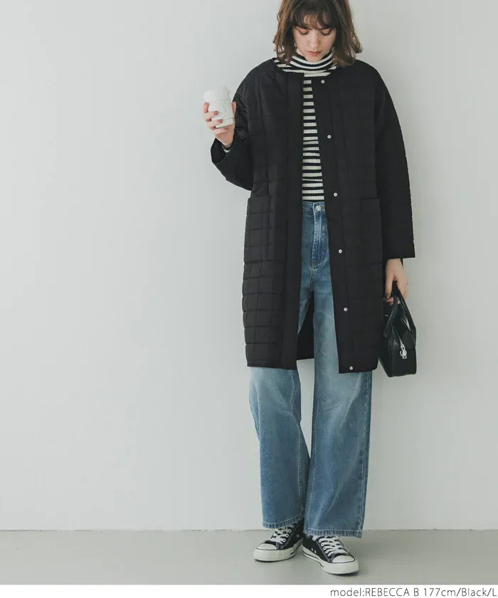 日本 COCA - 格紋絎縫無領長版鋪棉外套-黑