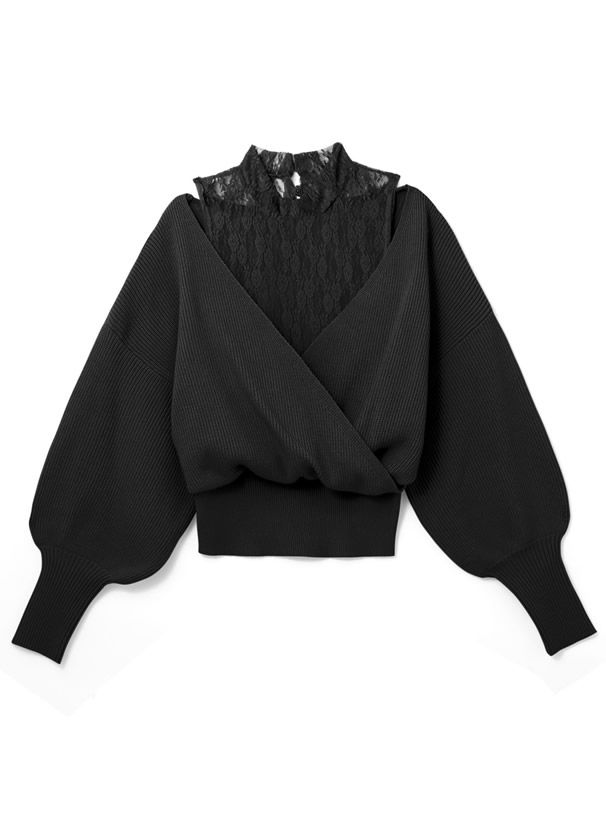 日本 GRL - 蕾絲緹花羅紋泡泡袖針織上衣-淺灰杏