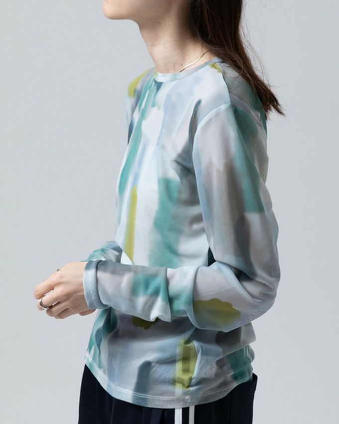 日本 gleam - 水彩畫風透膚休閒長袖上衣-米杏x卡其灰系